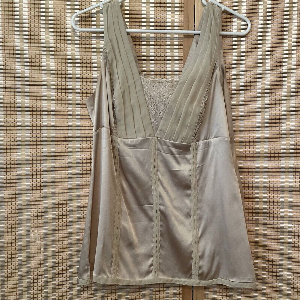 White House Black Market Silk-Look Pleated V-Neck Camisole in Taupe